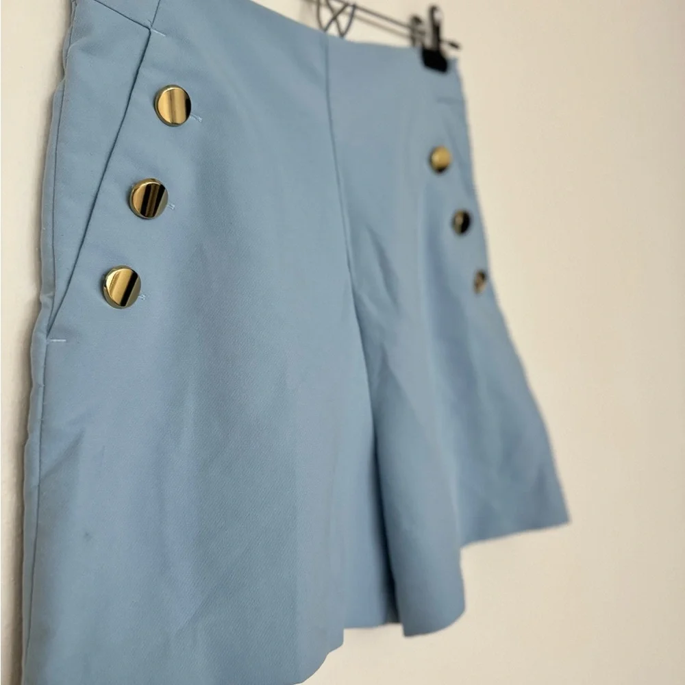 Zara Sky Blue High Waist Shorts with Gold Buttons - Picture 2 of 4
